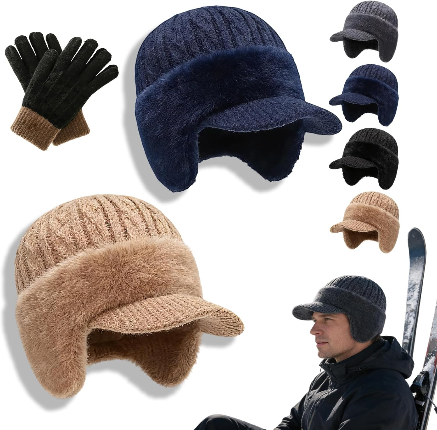 Blocking Knitted Hats with Ear Flaps and Wool Brim, Winter Fleece Lined Warm Baseball Beanie Knit Hat for Men&Women
