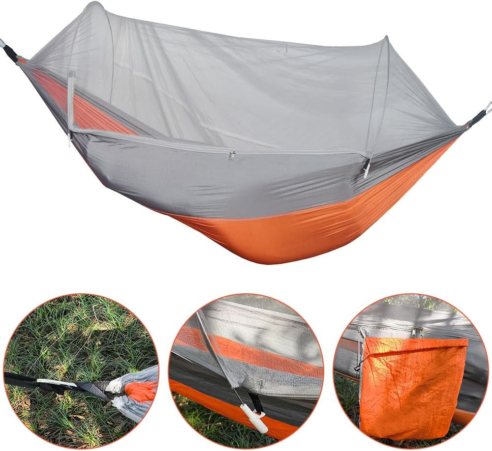 Travel Camping Hammock with Mosquito Net, Outdoor Double Hammock, Automatically Expand Portable Hammocks, Camping Gear for Hiking Beach Backpack Travel, Grey & Orange image number 4