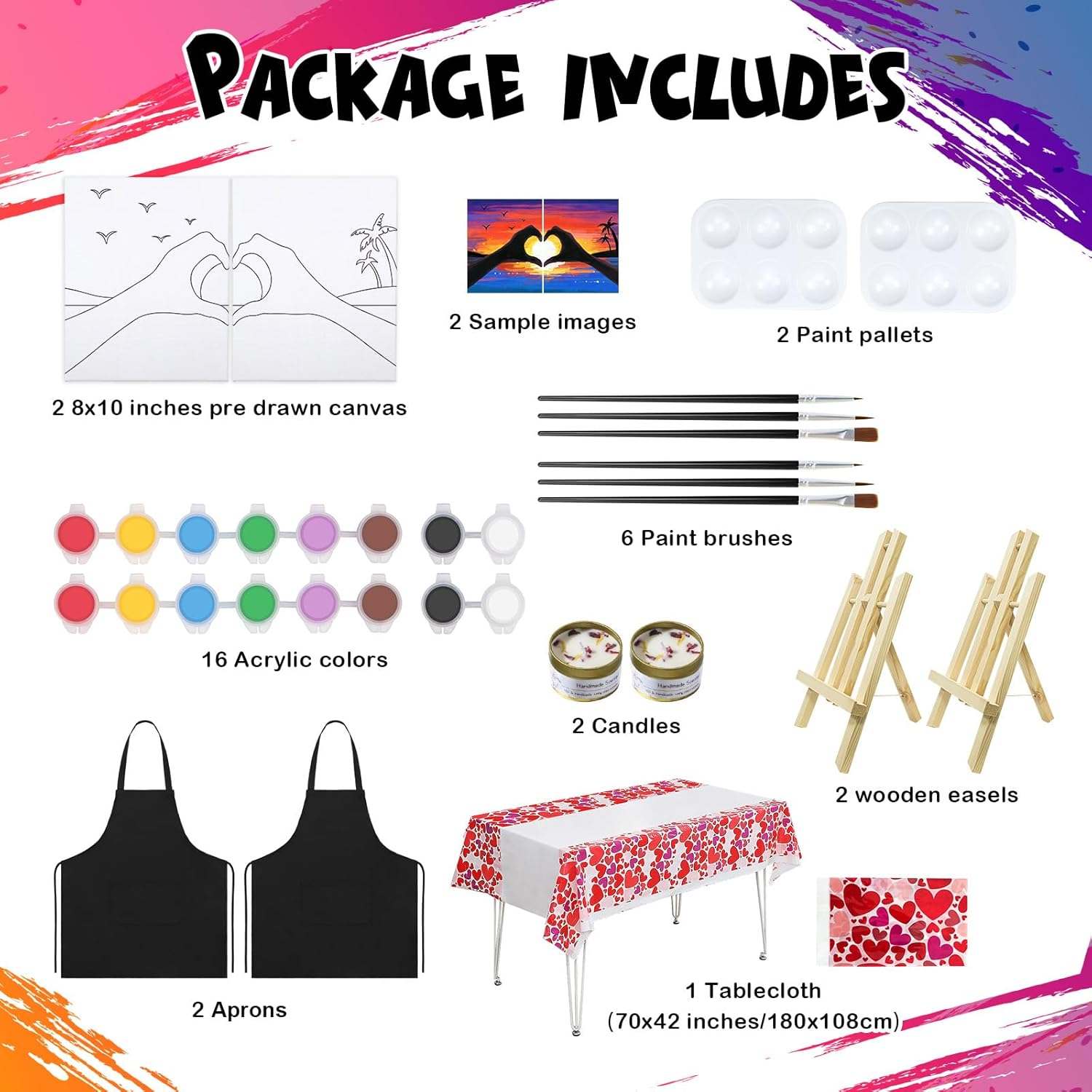 VOCHIC Sip and Paint Kit, Pre Drawn Canvas Painting Kit for Adult, Paint Art Set with Outline Canvas for Adults Date Night Games Couples Sunset Heart, Valentine'S Day, 2 Pack (8 X 10 Inches) image number 4