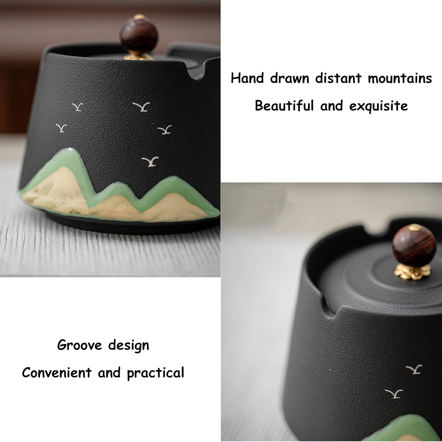 Ashtray Ceramic Ashtray with Lid Windproof Painted Ceramic Hand-Made Ashtray Creative Ash Holder Portable Ash Tray for Home Office Travel Decoration SH0103 (Black) - White image number 2