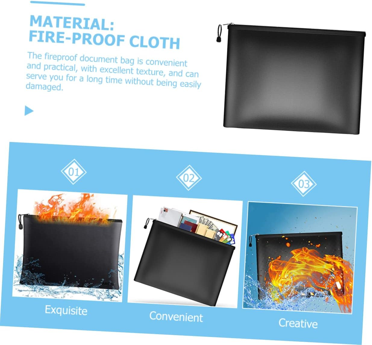 TOGEVAL Fireproof Waterproof Document Organizer Money Bag 29X20.5Cm Black Zippered Important Document Holder for Office and Home Safe Storage