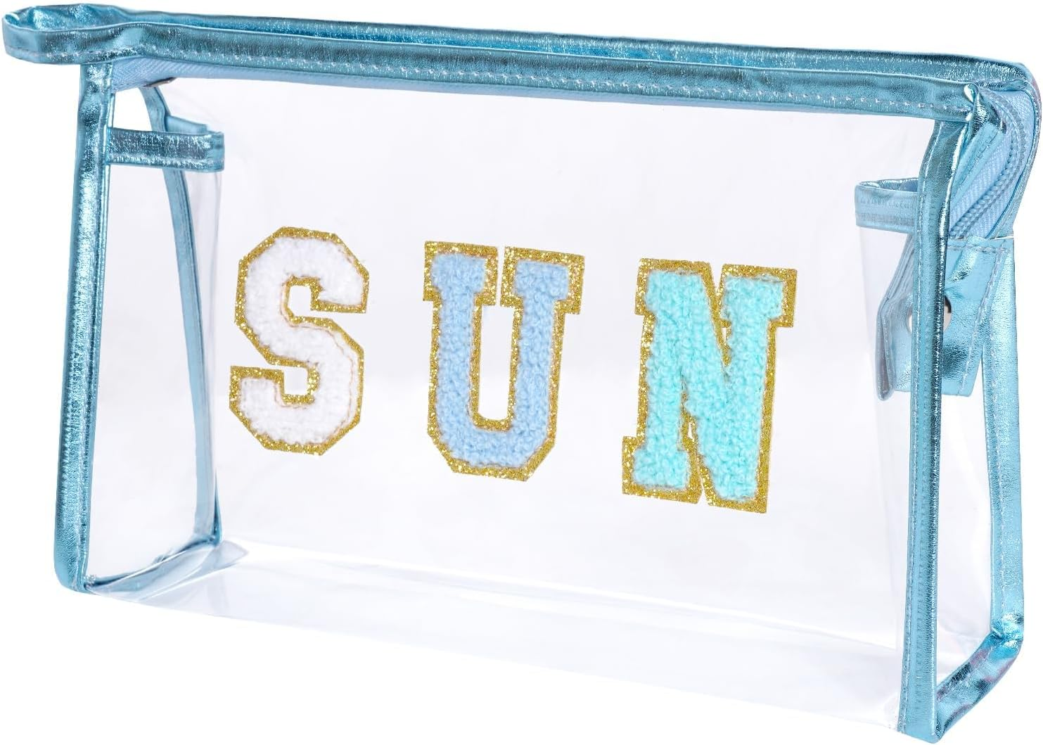 Clear Preppy Patch Makeup Bag, Sun Chenille Letter Bag for Beach, Clear Pouch with Zipper, Preppy Travel Bags Clear Cosmetic Toiletry Bag for Women Girls Teens (Blue) image number 5