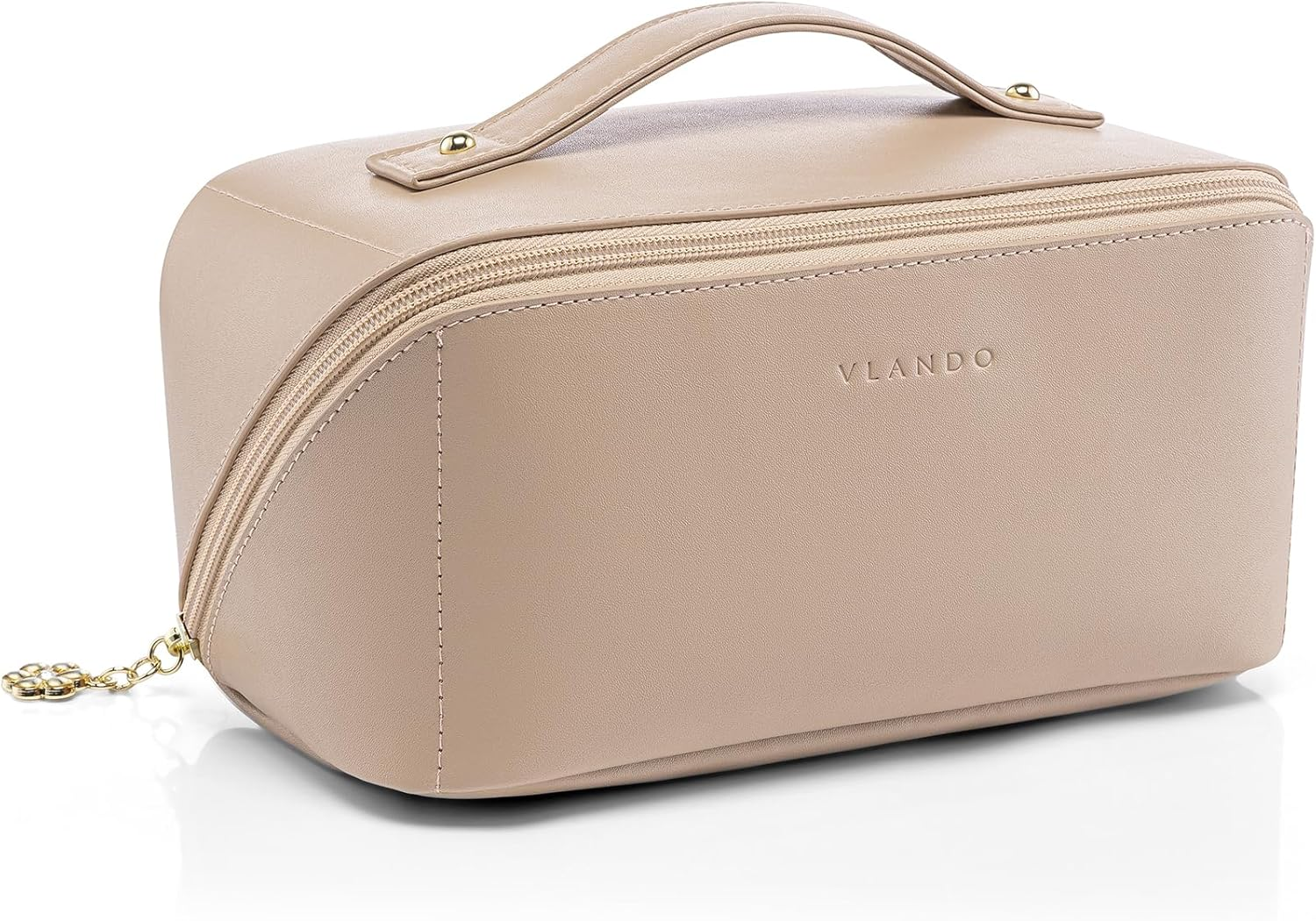 Vlando Travel Makeup Bag,Toiletry Bag for Women PU Leather Open Flat Make up Bag, 01.Toffee, Classic Elegant