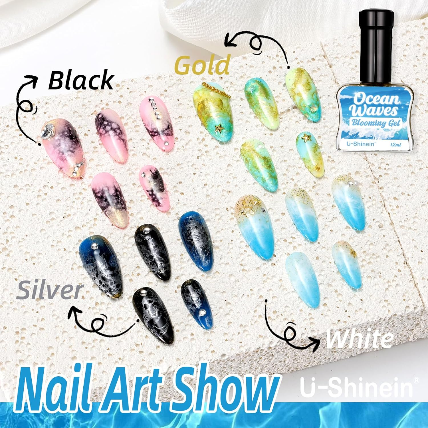 U-Shinein Blooming Gel Nail Polish, Marble Effect Nail Polish, White Watercolor Ink Wave Nail Gel with Magical Diffusion Effect for Creating Lace Pattern Nail Art Soak of UV/LED 12Ml image number 3