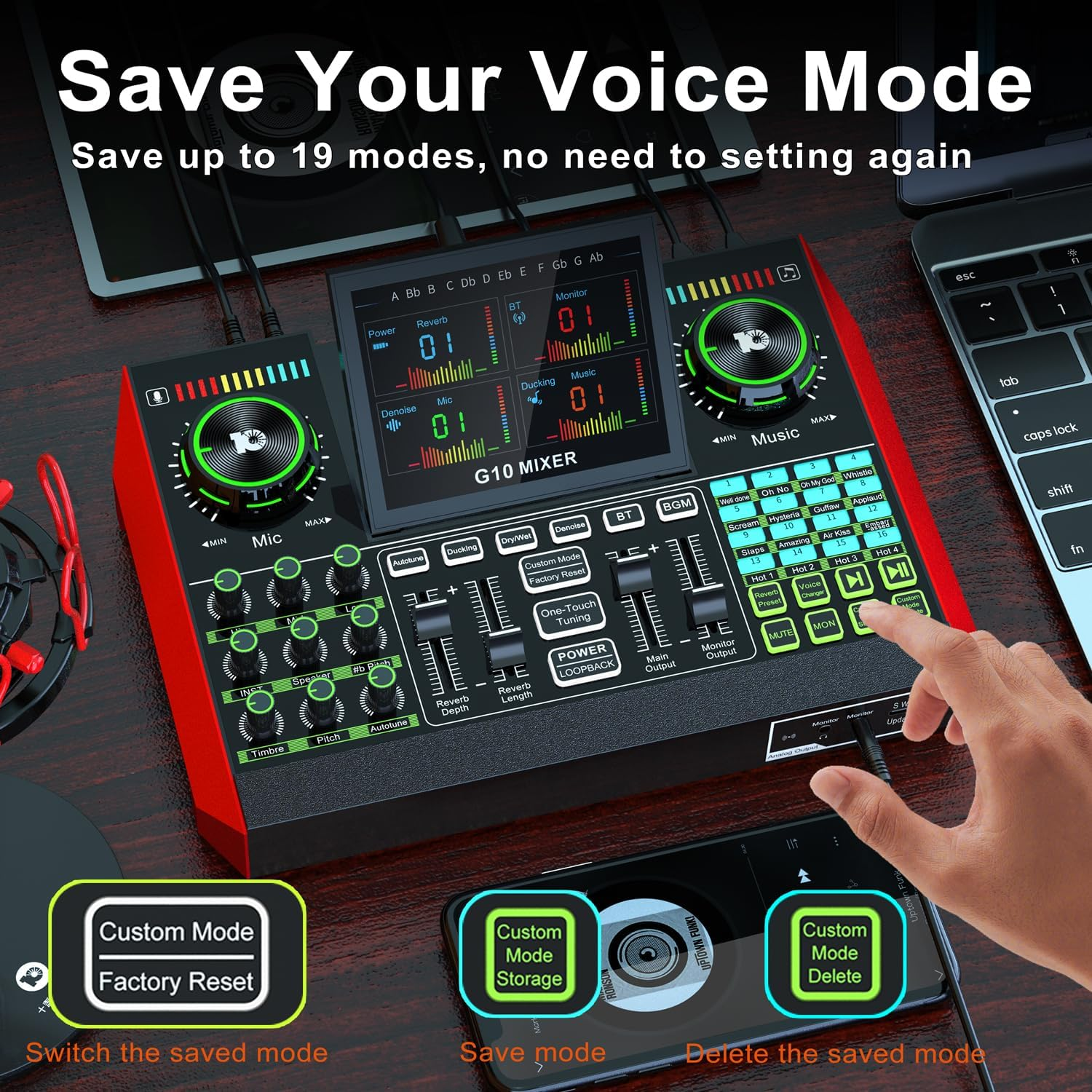 Audio Interface with Mixer and Sound Card, Tenlamp G10 USB Sound Mixer with Voice Changer Soundboard, Studio Portable All-In-One XLR Mixer for Phong PC Live Streaming Podcast Gaming Recording image number 5