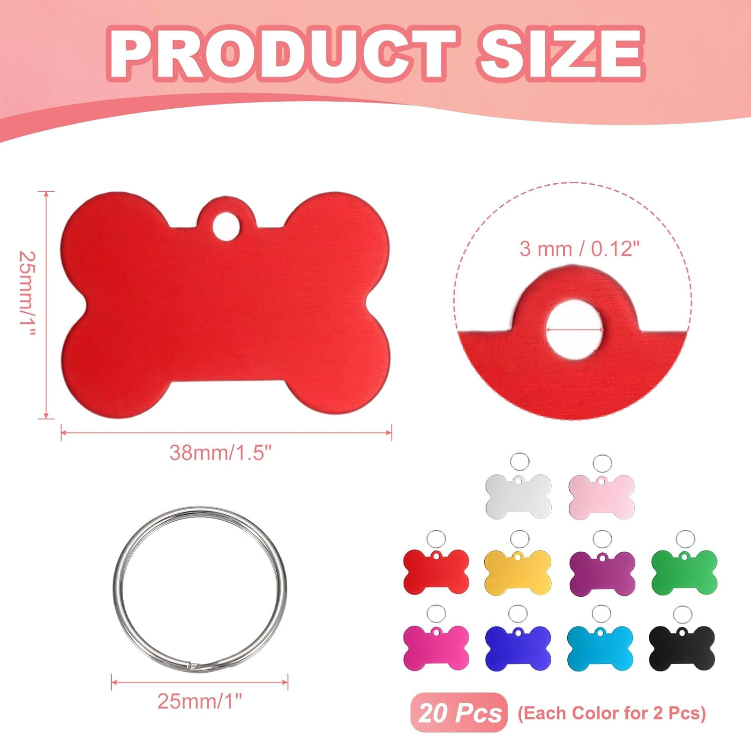 Uxcell Pet ID Tags, Personalized Dog Cat Tag Stainless Steel Aluminum Bone Shape Engraved Blank with Key Ring 38X25Mm, (Multicolor, 20 Pcs), Intended for Dog/Cat/Name/Pendant Crafts image number 3