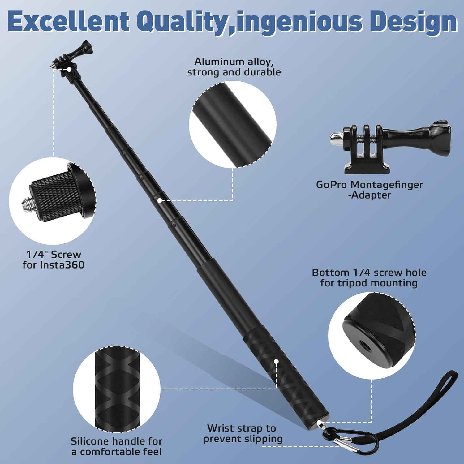 Selfie Stick for Insta360 & Gopro,150Cm Meatl Extendable Pole with Invisible Magic Arm, Gopro Adapter & Wrist Strap for DJI Osmo/Action Cameras, Ultra Light (205G), for Surfing, Vlogging image number 6