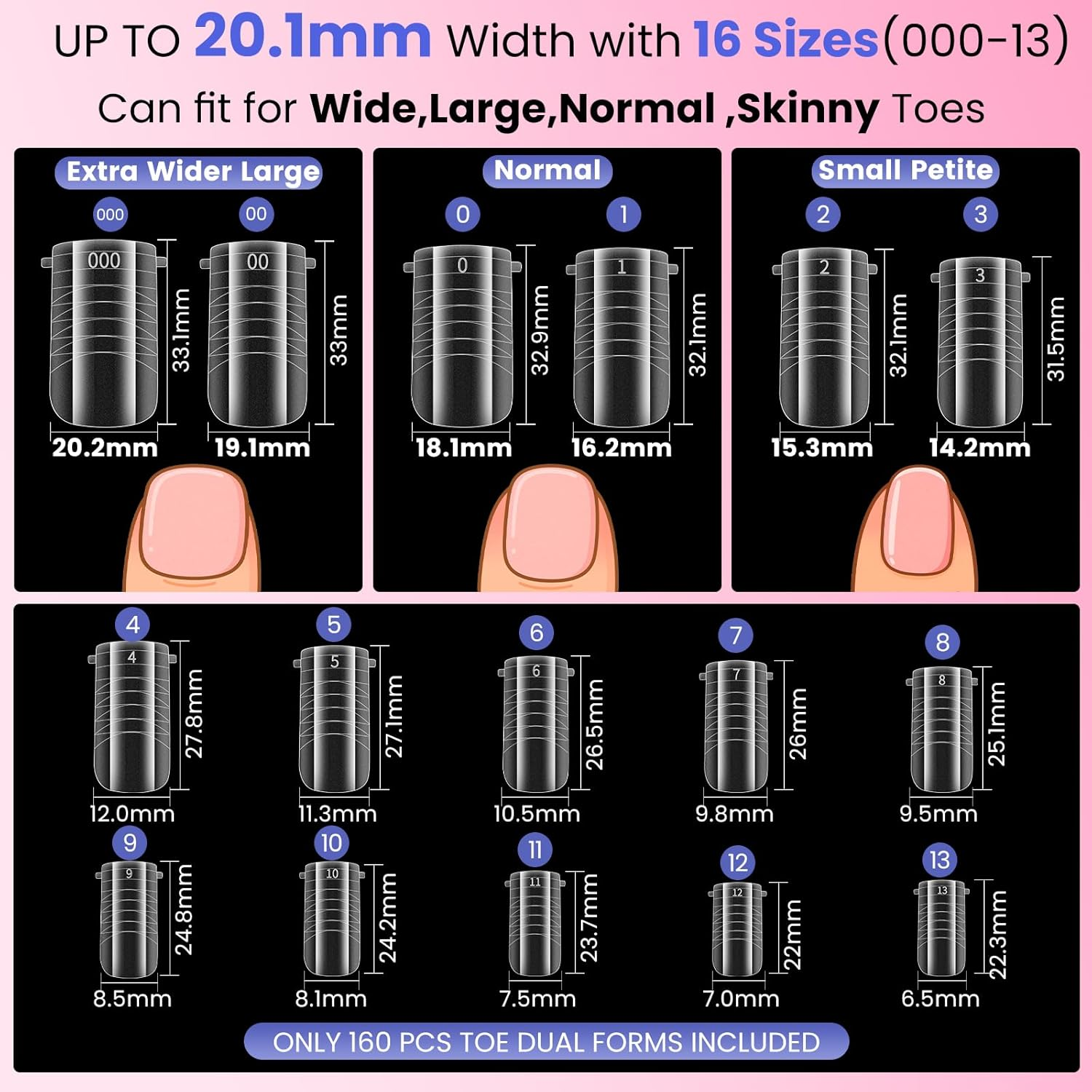 Wide Pre-Etched Square Toe Dual Forms for Polygel,Sinokame Poly Gel Toenail Forms Molds Extension Reusable,No File Needed,16 Sizes (000-13) with French Guidelines for Salon Home Diy,160Pcs image number 2