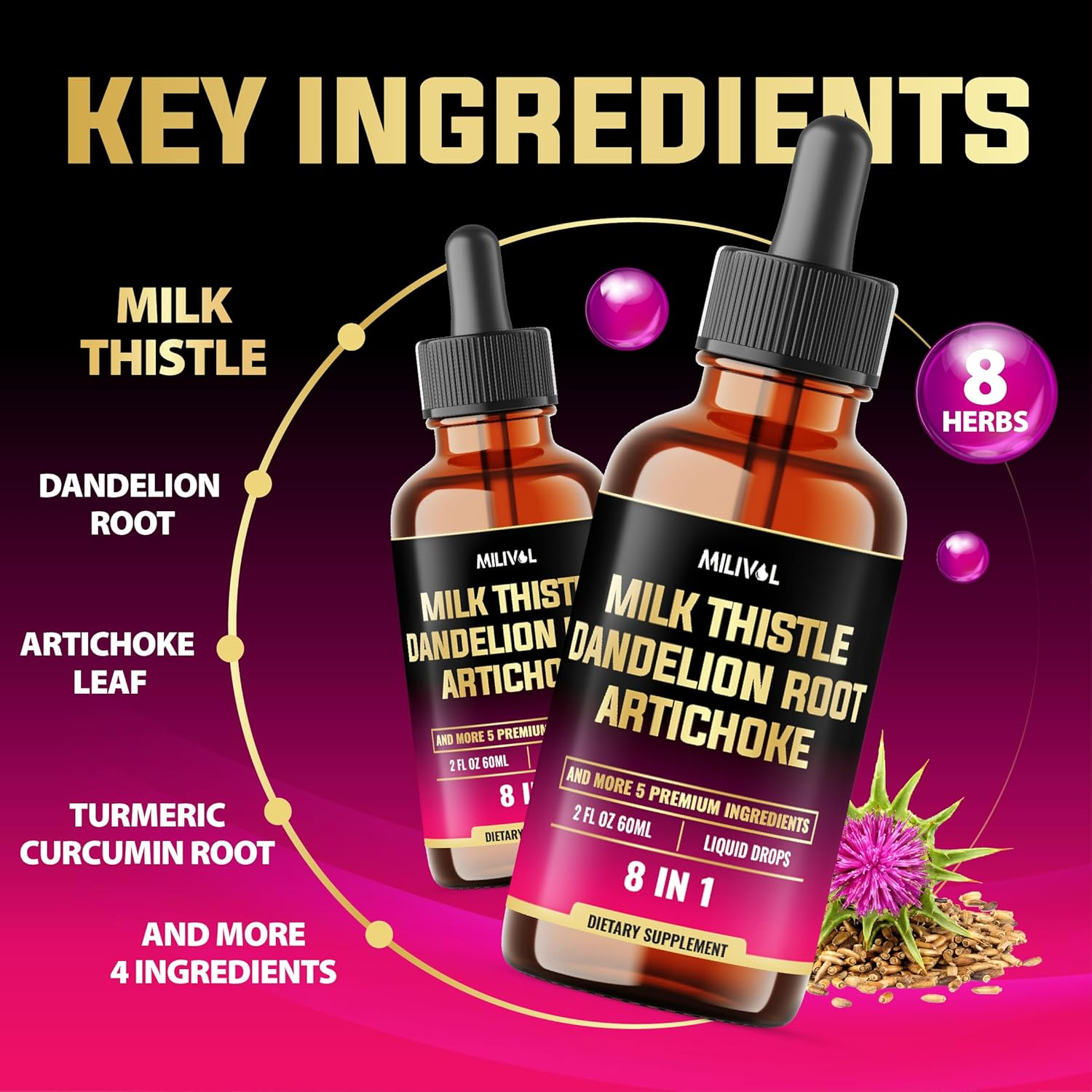 8In1 Milk Thistle Liquid Drops with Dandelion Root, Artichoke Leaf and 5 More Herbals - 60 Days Supply - 2 Fl Oz image number 5