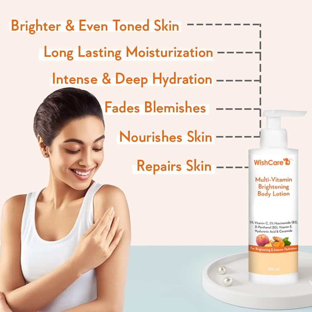Wishcare Multi-Vitamin Brightening Body Lotion - 5% Vitamin C, 5% Niacinamide(B3), Panthenol(B5), Vitamin E, Turmeric & Kakadu Plum - for Men & Women - 200 Ml image number 6