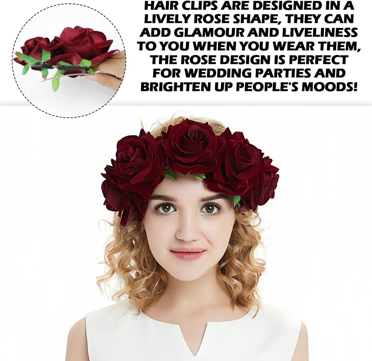 ZJIVQO Red Rose Hair Clip Flower Hairpin Brooch Velvet Ornament Rose Flower Hair Accessories for Woman Girl Ladies Wedding Hair Clip Flamenco Dancer Valentines Day Decoration, Wine Red image number 5