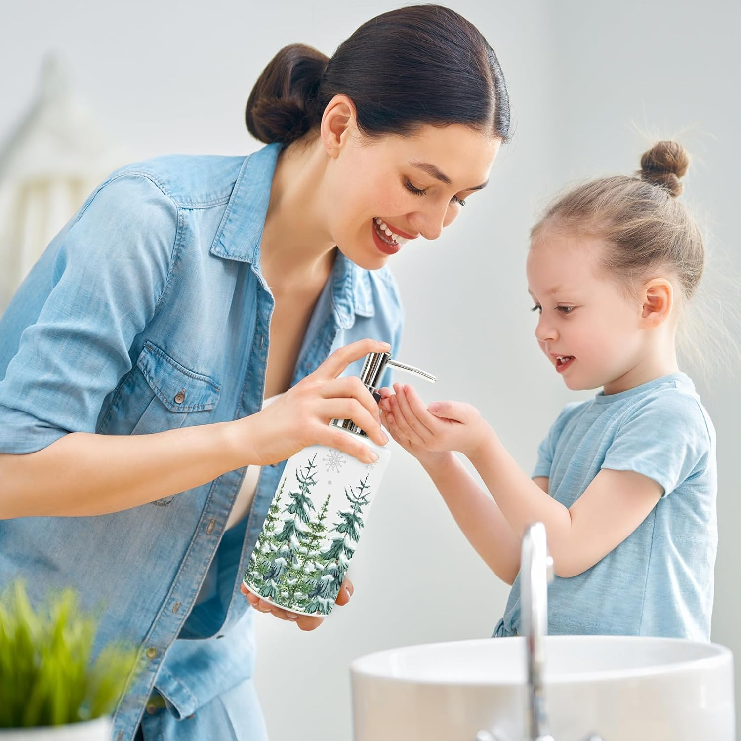 Jarthenaamcs Christmas Soap Dispenser Watercolor Xmas Tree Glass Dispenser with Pump Refillable Liquid Soap Container for Home Kitchen Bathroom Countertop image number 1