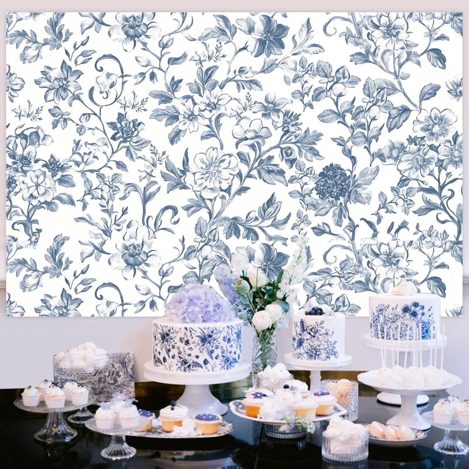 Wonmelody Blue Chinoiserie Party Decorations 5 * 3 Ft Blue Chinoiserie Backdrop Blue Floral Safari Birthday Baby Shower Backdrop Decor for Floral Blue Chinoiserie Birthday Wedding Bridal Shower image number 4