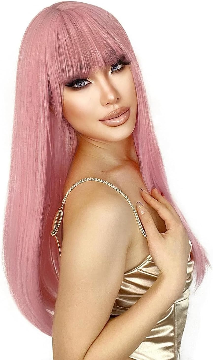 QAUARUMSUN Long Pink Straight Wig with Bangs Light 26 Inch Pink Wigs for Women Pastel Wig for Grils Charming Syntheticcosplay Wig for Party Halloween Daily image number 2