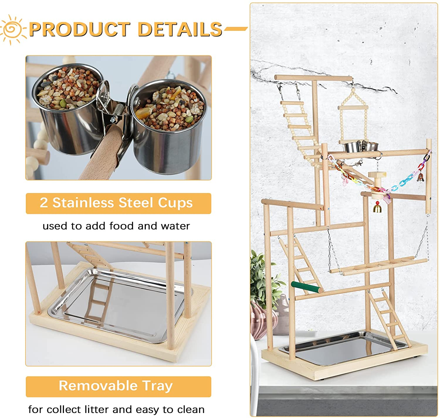 Ibnotuiy Pet Parrot Playstand Parrots Bird Playground Bird Play Stand Wood Perch Gym Playpen Ladder with Feeder Cups Bells for Cockatiel Parakeet (4 Layers) image number 1