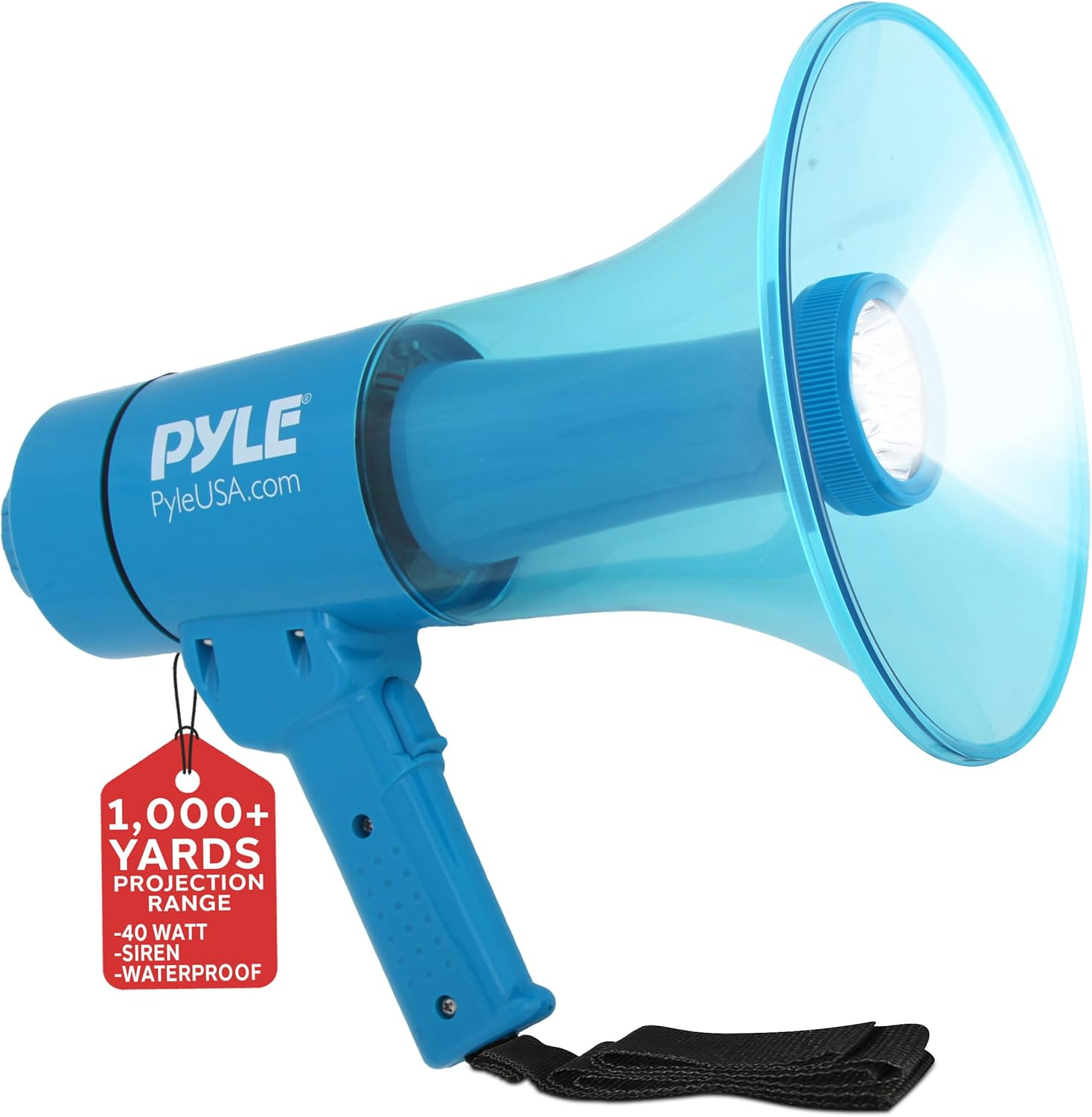 Pyle Portable Compact PA Megaphone Speaker W/Alarm Siren, Adjustable Volume, 40 W Handheld Lightweight Marine Grade Waterproof Bullhorn, LED Flashlight, AA Battery Powered, Indoor Outdoor (PMP66WLT) image number 2