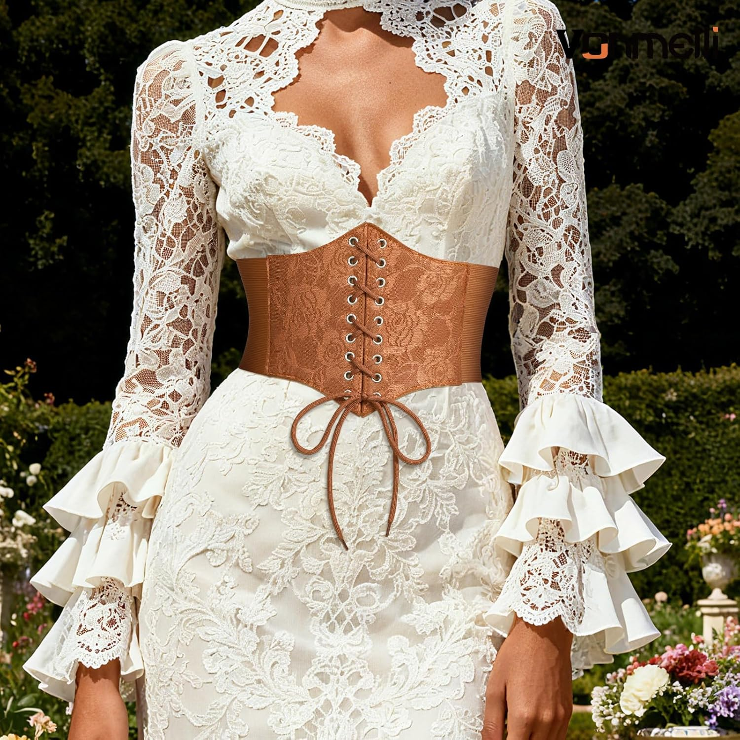 VONMELLI Wide Corset Belt for Women Lace up Corset Renaissance Style Elastic Belt with High Waist for Halloween Costume Parties image number 4