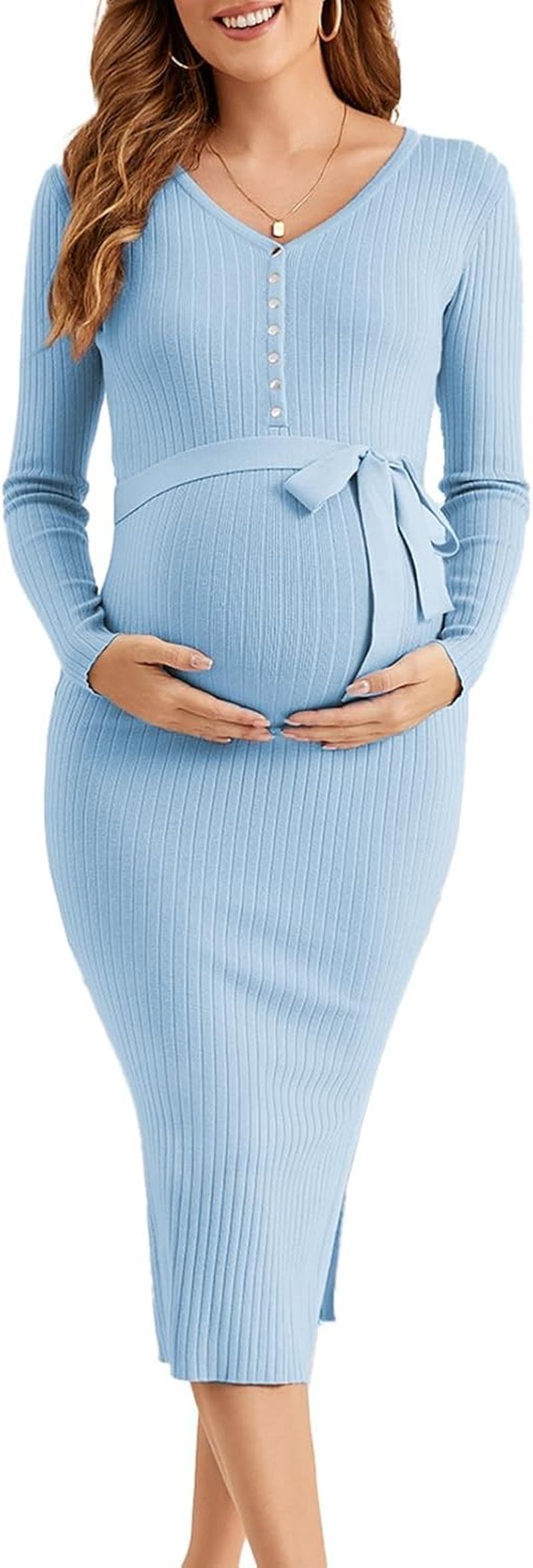 Ecavus Women'S Long Sleeve Maternity Sweater Dress for Baby Shower V Neck Slit Maternity Photoshoot Dress with Belt