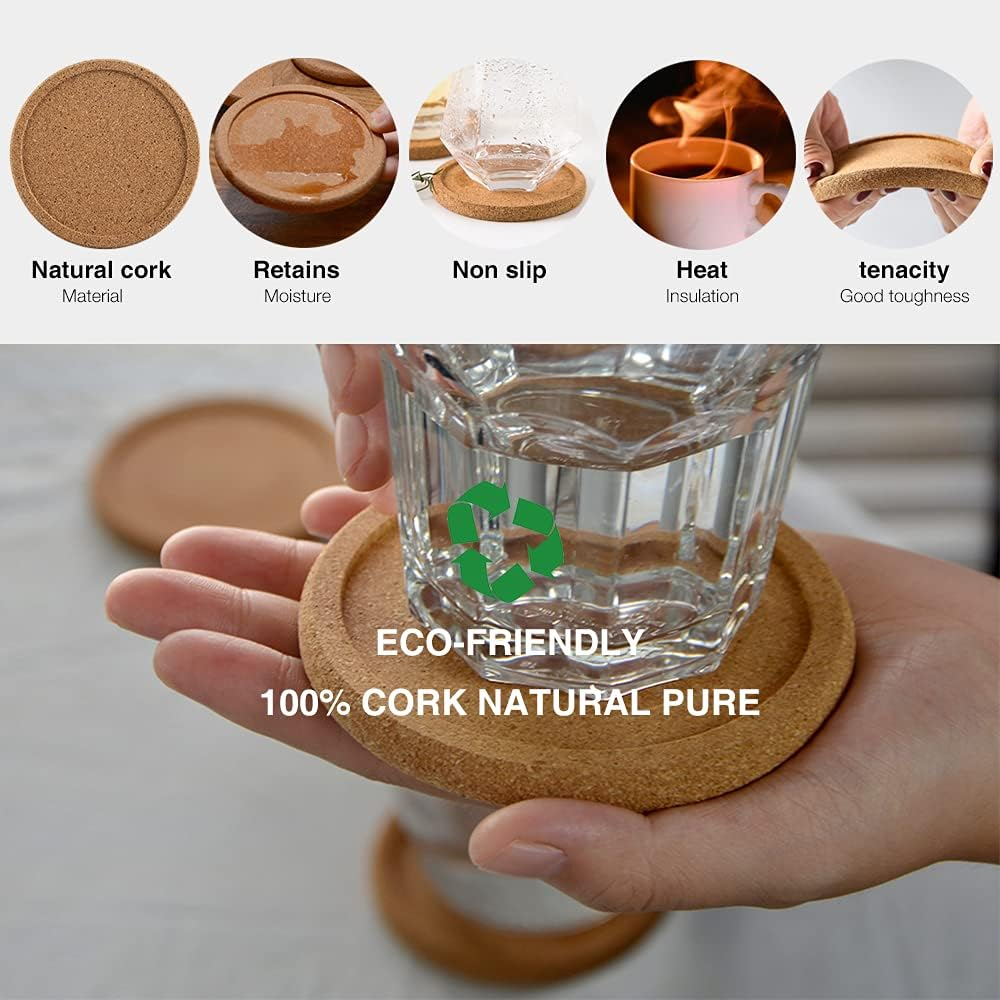 Natural round Cork Coasters for Drinks with Lip Edge Absorbent Heat and Water Resistant Reusable Durable Saucers for Bar Glass Cup/Mug Coffee Coasters (2, PCS)