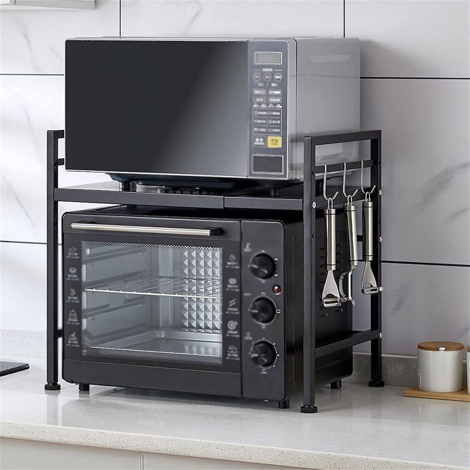 Microwave Stand, Expandable over Microwave Oven Rack， Adjustable Width and Height Kitchen Stand Counter Rack With, Equipped with 3 Hooks, Suitable for Kitchen Storage（Black） image number 4