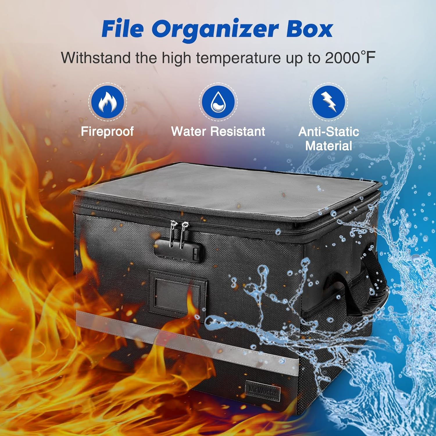 File Box Fireproof Document Box with Lock, File Storage Organizer Anti-Static Filing Box with Handle Portable Collapsible & Reflective Strip for Hanging Letter & Legal Size Folder