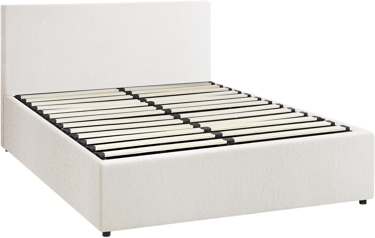 Oikiture Bed Frame Queen Size Gas Lift Storage Base Boucle Fabric Material White image number 3