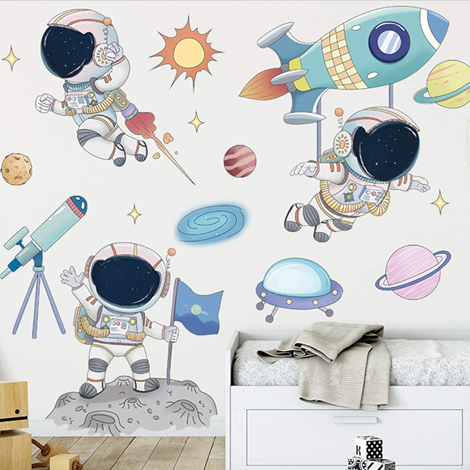 DILIBRA Astronaut Wall Stickers Planet Space Walk Spaceship DIY Art Vinyl Removable Murals Wall Decals, Cute Cartoon Spaceman Cosmonaut Art Wallpaper for Kids Boys Bedroom Playing Room