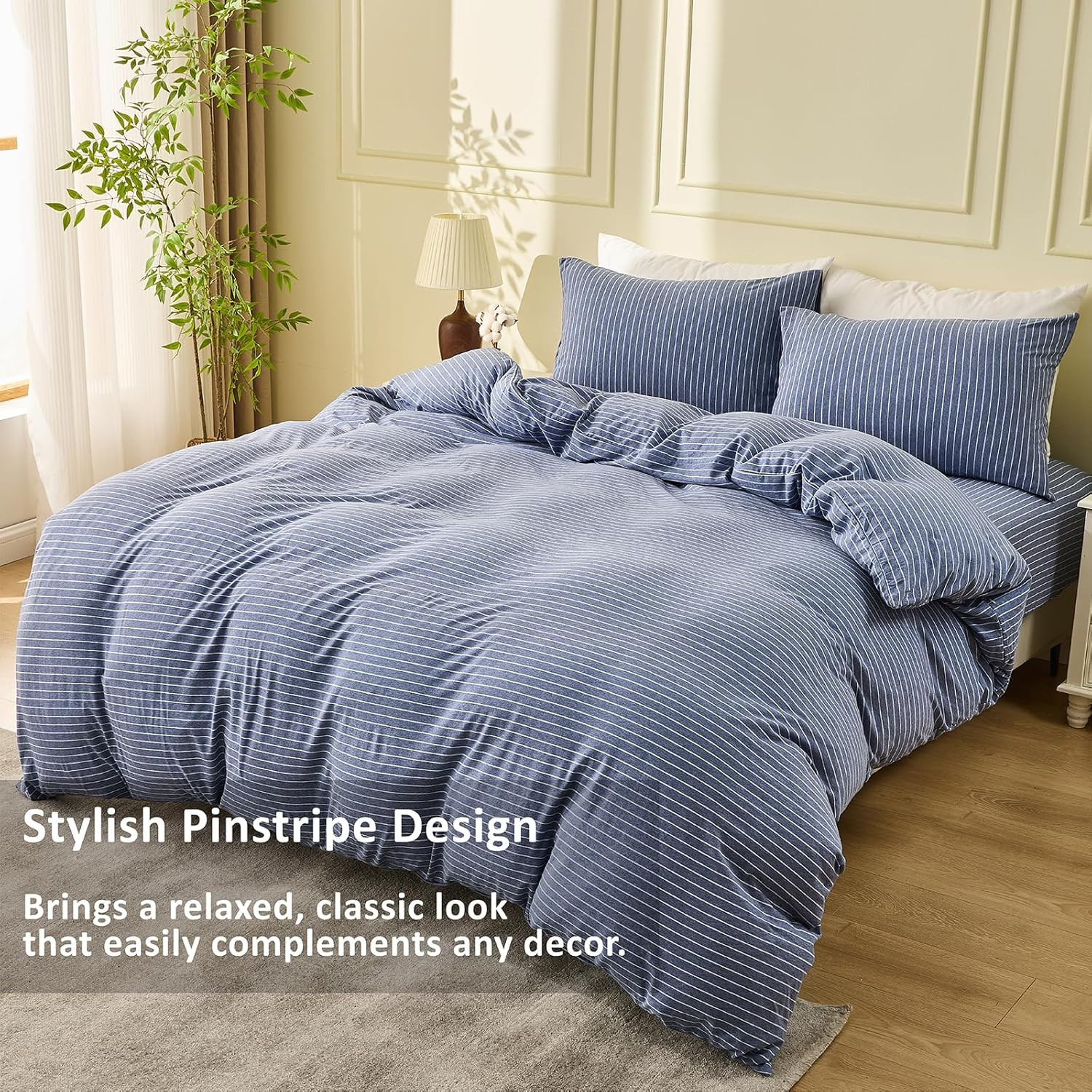 Jersey Cotton Knit Quilt Cover Set 100% Cotton T-Shirt Duvet Cover Set Super Soft Comfy 3Pc Cotton Doona Cover with Zipper Closure (Blue & White Pinstripe, Queen) image number 4