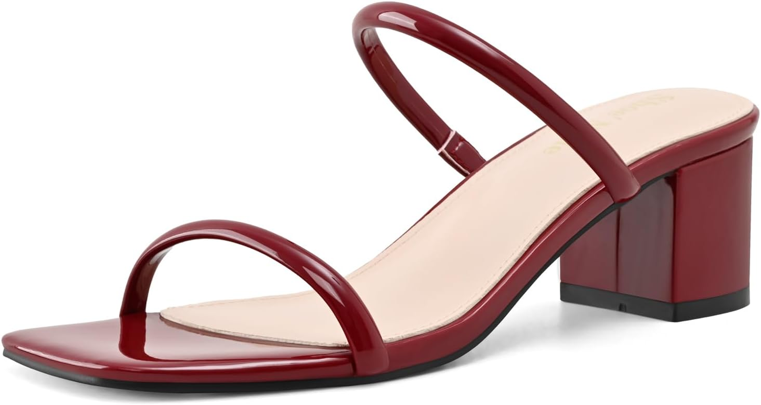 Shoe'N Tale Strappy Heels for Women Square Open Toe Two Strap Low Block Heel Slip on Dressy Sandals Shoes