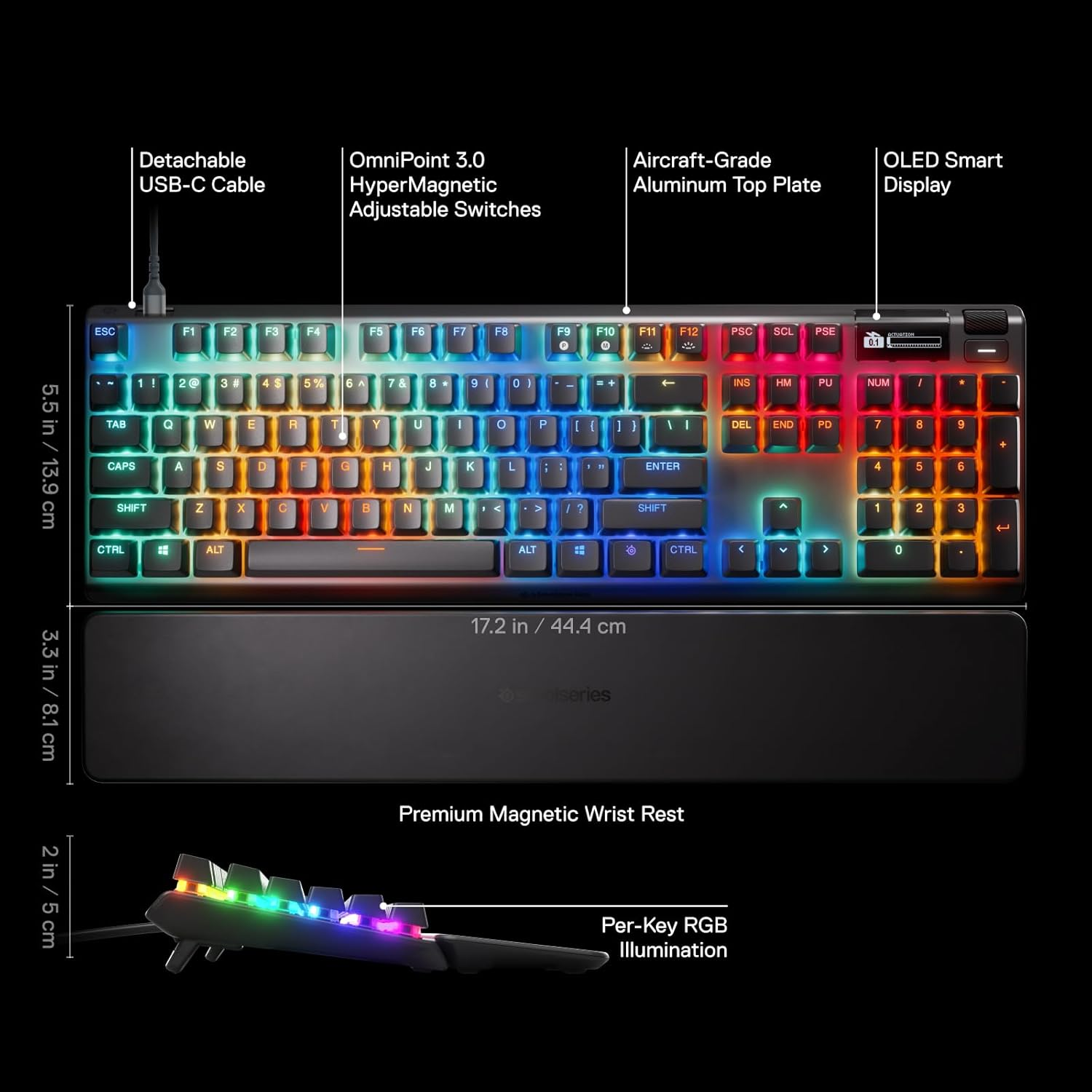 Steelseries Apex Pro Gen 3 Omnipoint 3.0 Hypermagnetic Switches &mdash; Adjustable Actuation &mdash; Rapid Trigger &mdash; Game-Ready Presets &mdash; Protection Mode &mdash; Rapid Tap/Socd &mdash; OLED &mdash; RGB &mdash; PBT Keycaps &mdash; USB-C image number 4