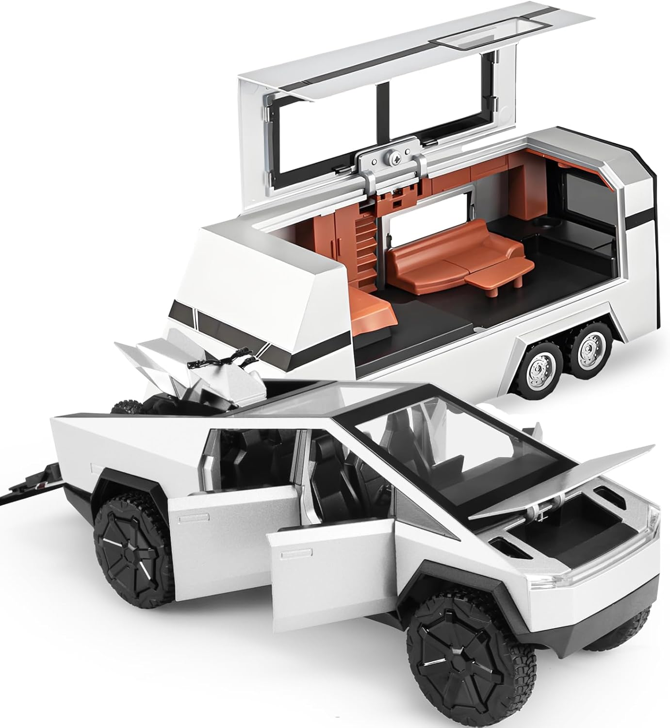 Toy Trucks Cybertruck with Trailer RV Cyberquad Car Toy 1:32 Cyber Toy Trucks Sliver Cybertruck Metal Diecast with Lights Sounds Effects, Fun Toy Cars Great Gifts Idea