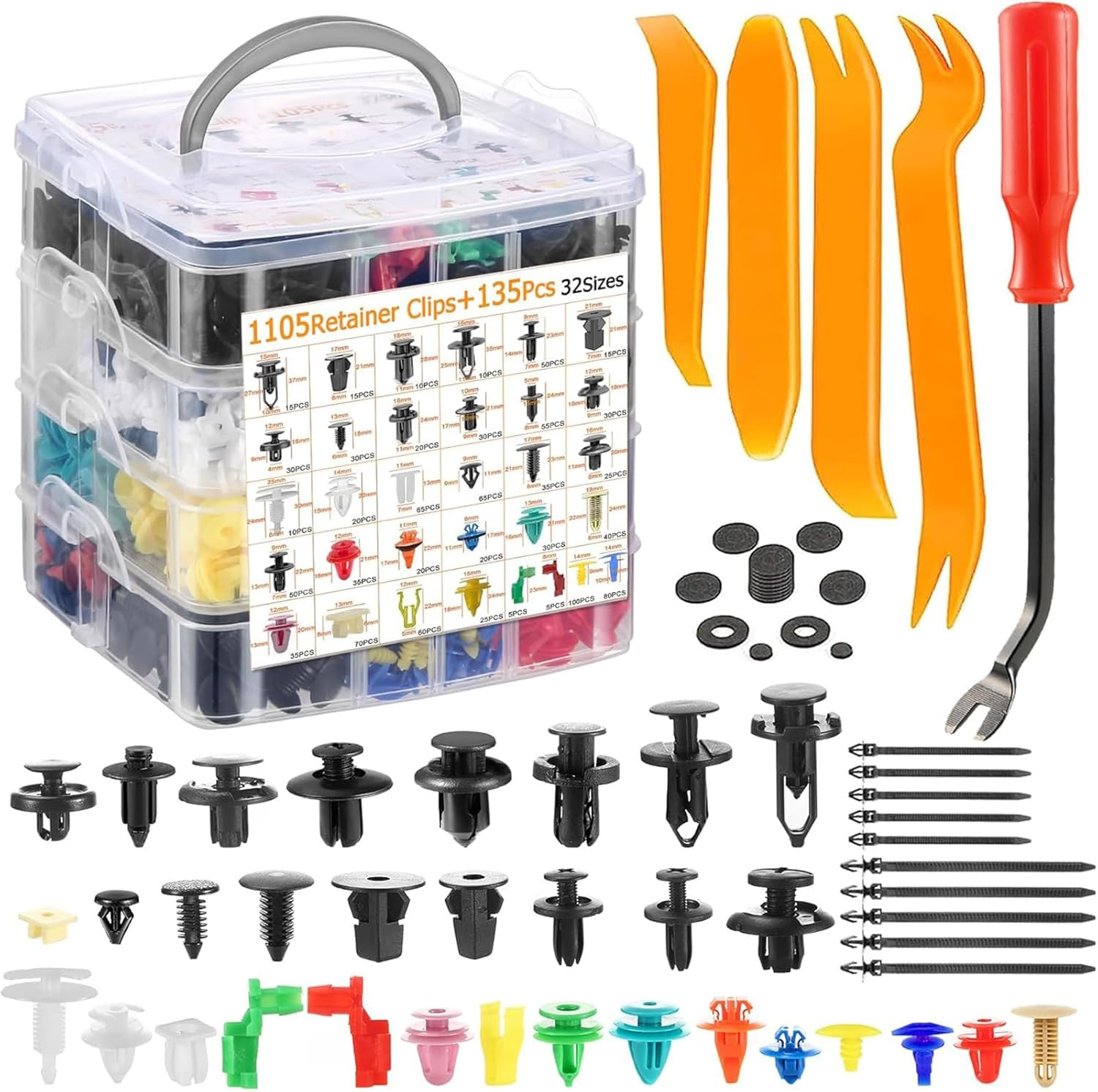 1240Pcs Car Push Retainer Clips & Auto Fasteners Kit - 32 Most Common Sizes of Nylon Bumper Fender Rivets with 10 Cable Ties and Fastener Remover, Car Push Retainer Clips Set, Universal for All Cars image number 1