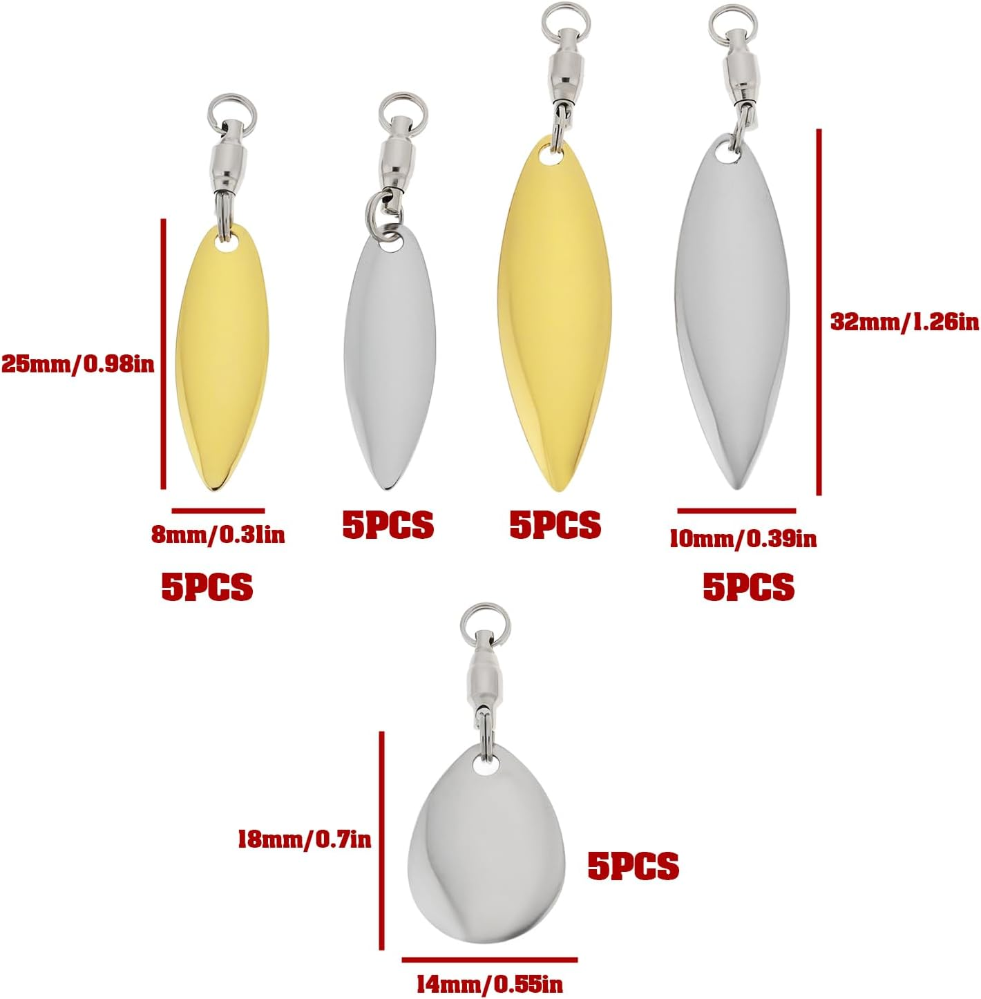 LT Easiyl 25PCS Fishing Tail Spinner with Ball Bearing Swivel Willow Leaf and Water Drop DIY Fishing Lures Accessories 32X10Mm 25X8Mm 18X14Mm Gold Silver image number 6