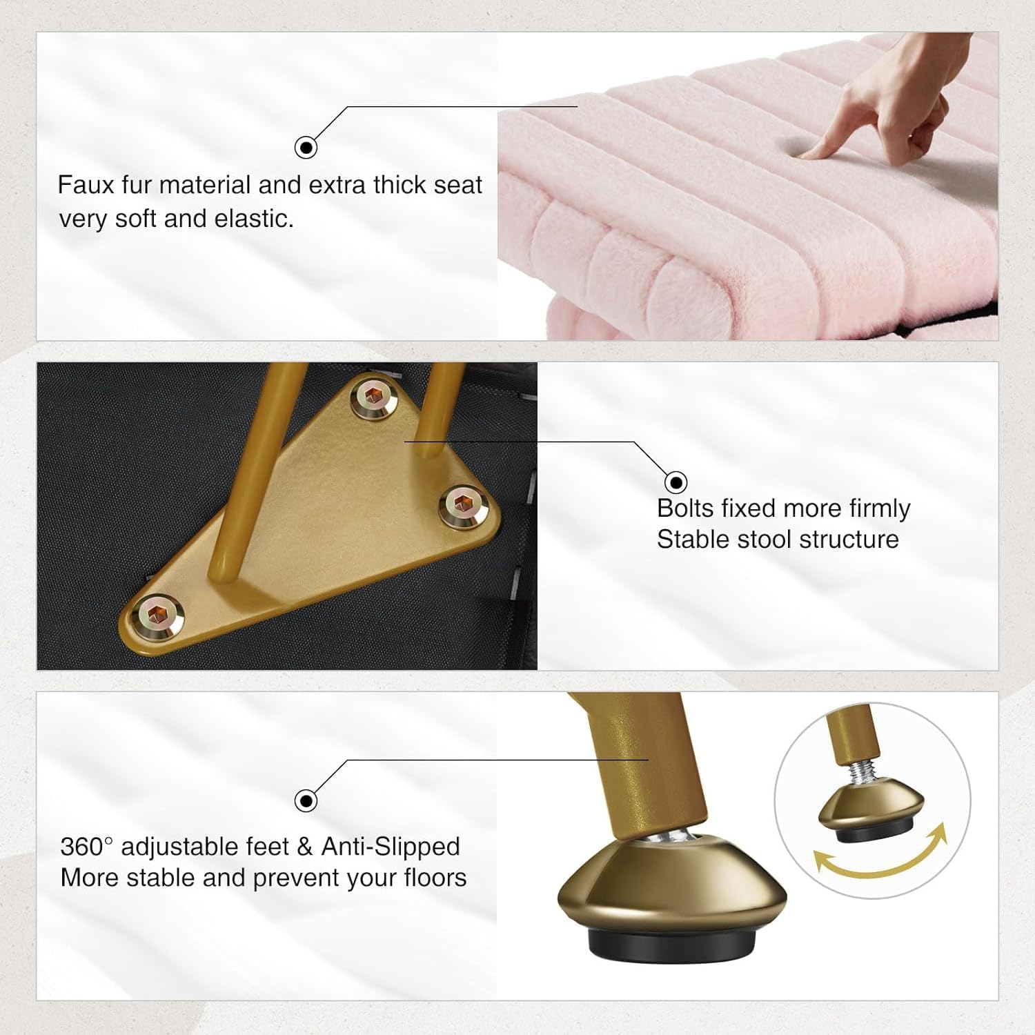 Homodoskey Vanity Stool Chair with Storage, Faux Fur Makeup Chair for Vanity, 15.7"L X 11.8"W X 19.4"H Soft Ottoman 4 Metal Legs with Anti-Slip Feet, Modern Multifunctional Chairs for Bedroom (Pink) image number 1