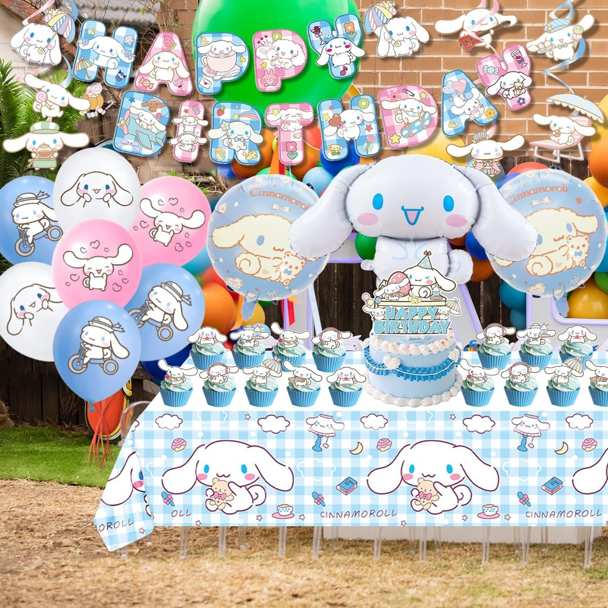 Cinnamoroll Birthday Decorations, 101PCS Party Supplies Set Include Banner, Balloons, Stickers, Hanging Swirls, Cake Cupcake Toppers, Tablecloth for Kids Cinnamoroll Theme Party image number 1