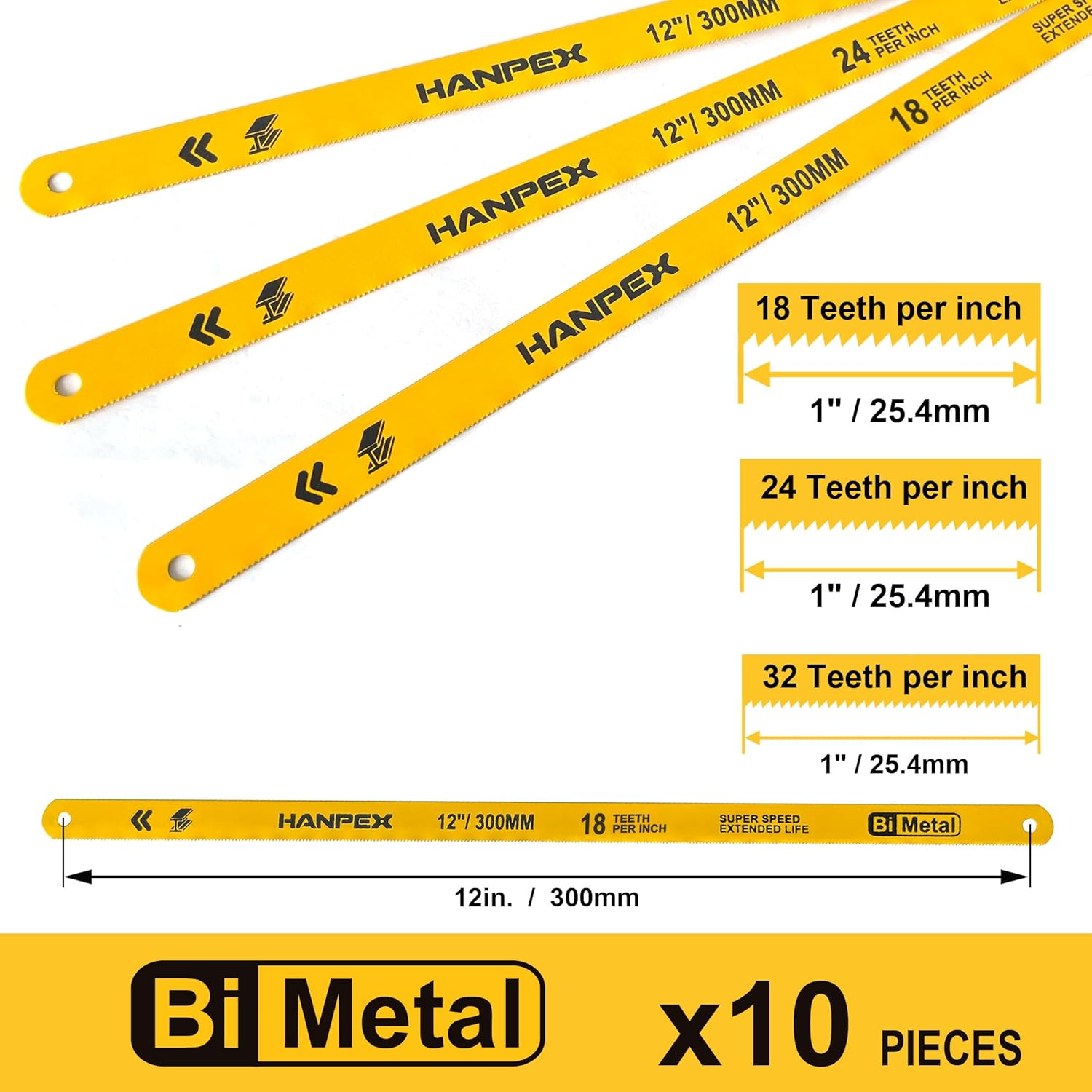 Hanpex Hacksaw Replacement Blade Sets (10 Pack) High Speed 3Pc. 18TPI / 3Pc. 24TPI / 4Pc. 32TPI- 300Mm (12") Length Hack Saw Blade - Bi-Metal HSS Cutting Blades image number 5