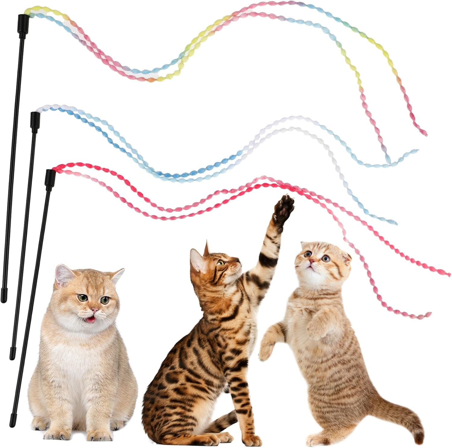 Amaxiu Cat Rainbow Wand Toys, 3Pcs Interactive Cat Teaser Wand String Toys for Indoor Gradient Color Ribbon Charmer for Kittens Exerciser Playing Teaser Training Catcher(Style A) image number 3