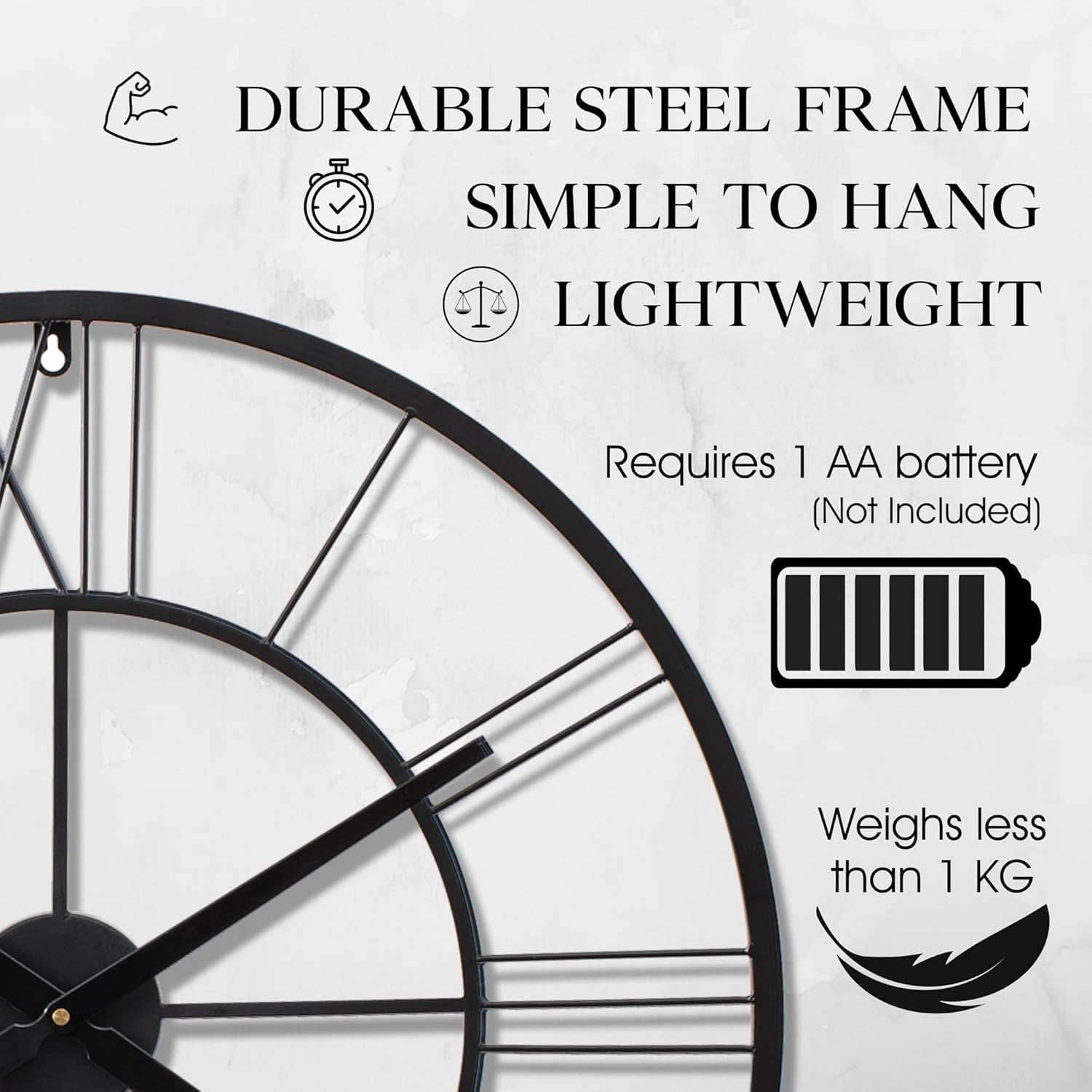 60Cm Roman Numerals Wall Clock &ndash; Silent Non-Ticking Quartz Sweep, Large Metal Decorative Clock for Living Room, Bedroom, Kitchen &ndash; Black Oversized Large Wall Clock 24 Inch image number 3