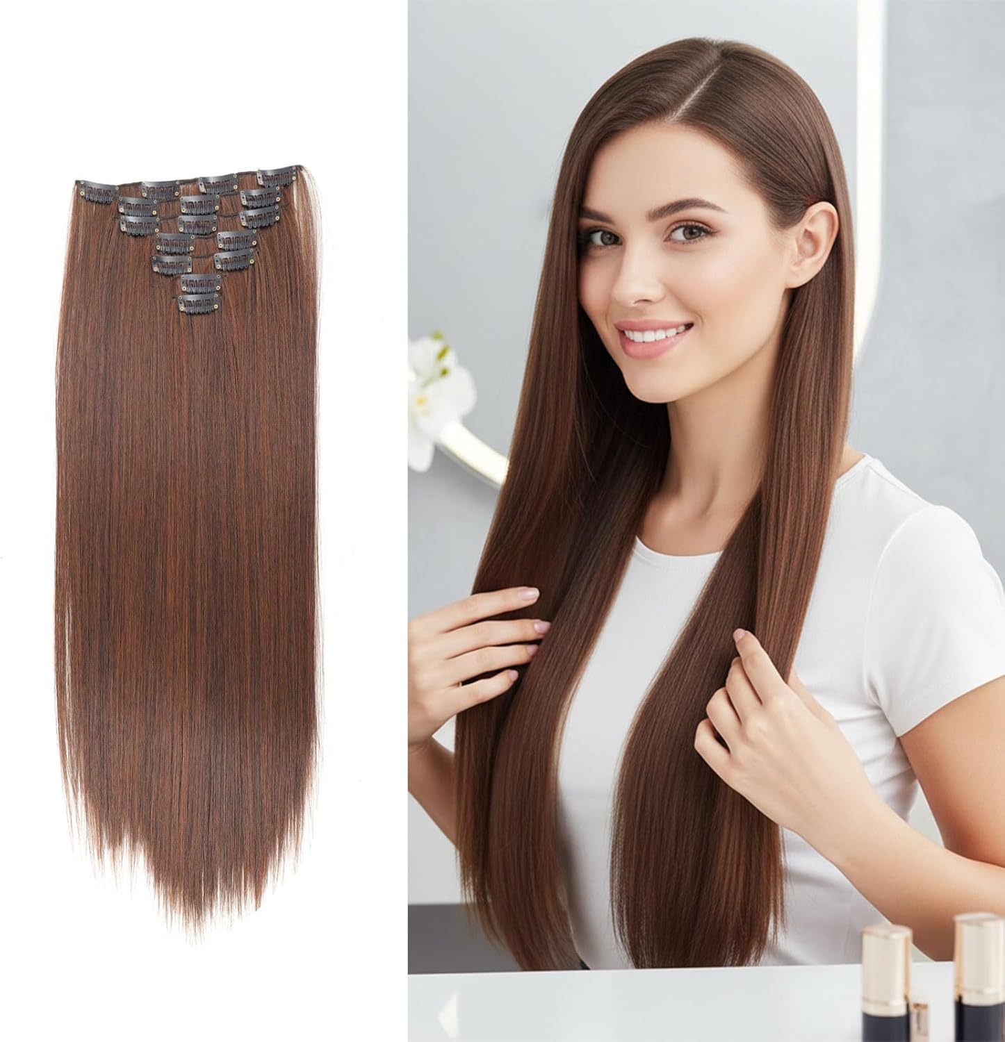 Clip in Hair Extension Set,Brown Full Head, 7Pcs 16 Clips 60Cm Long, Natural-Looking Volume&ndash; CRFY (BROWN) image number 1