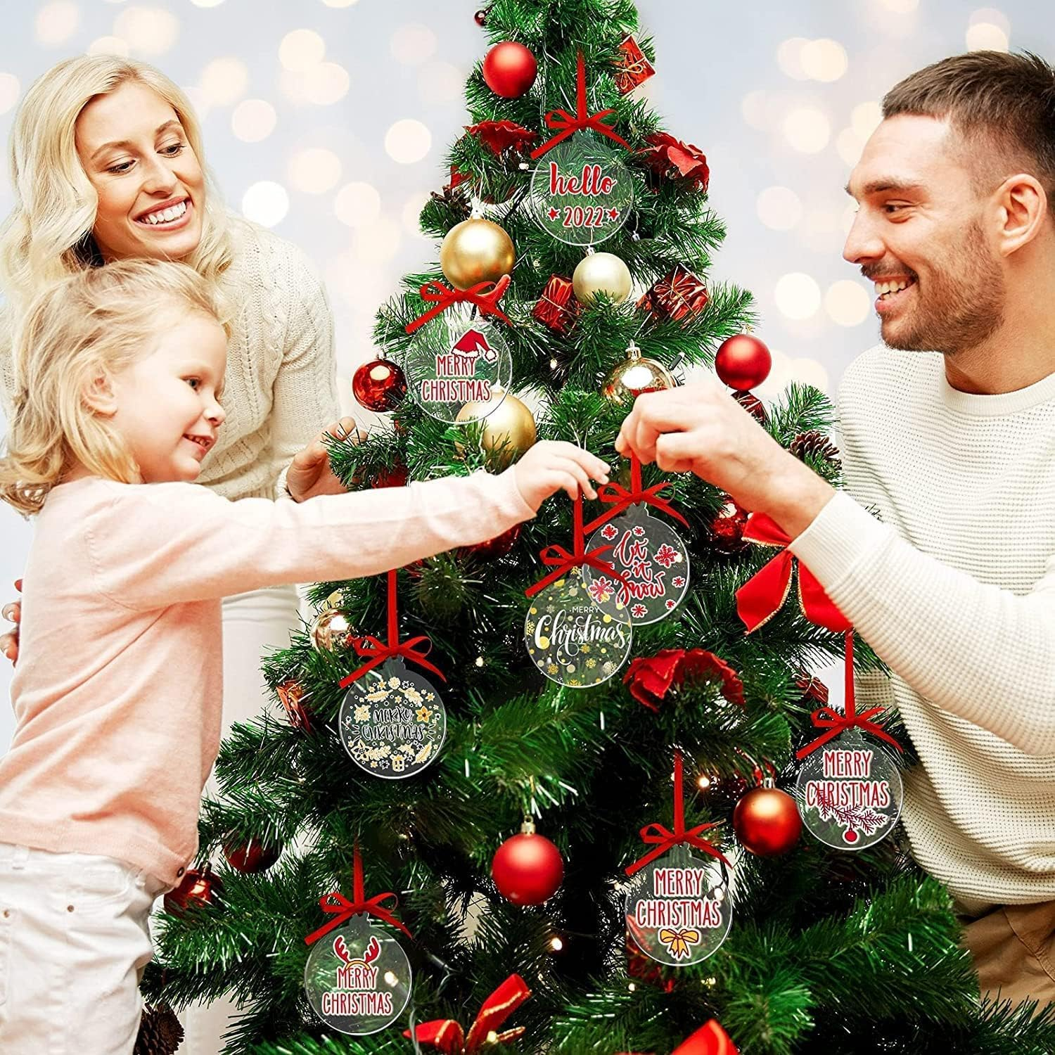 16 Pieces Clear round Acrylic Christmas Ornament with Red Ribbon DIY Blank round Acrylic Ornament Transparent Circle Discs for Christmas Bauble Tree Decoration Tag Craft (Cute Style, 4 Inches) image number 2