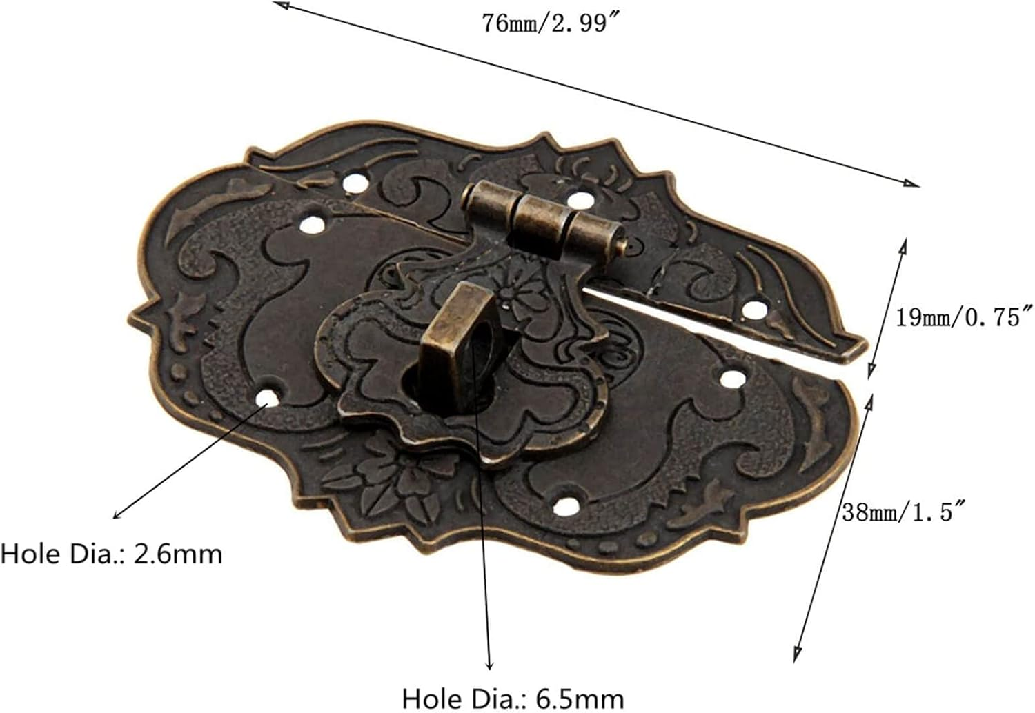 Dophee 3"X2.24" Vintage Latch Hasp, Antique Embossing Decorative Brass Hasp Clasp Latch Lock with Screws for European Style Jewelry Trinket Box Decoration Furniture Cabinet Wooden Box Case - 1 Pack image number 4