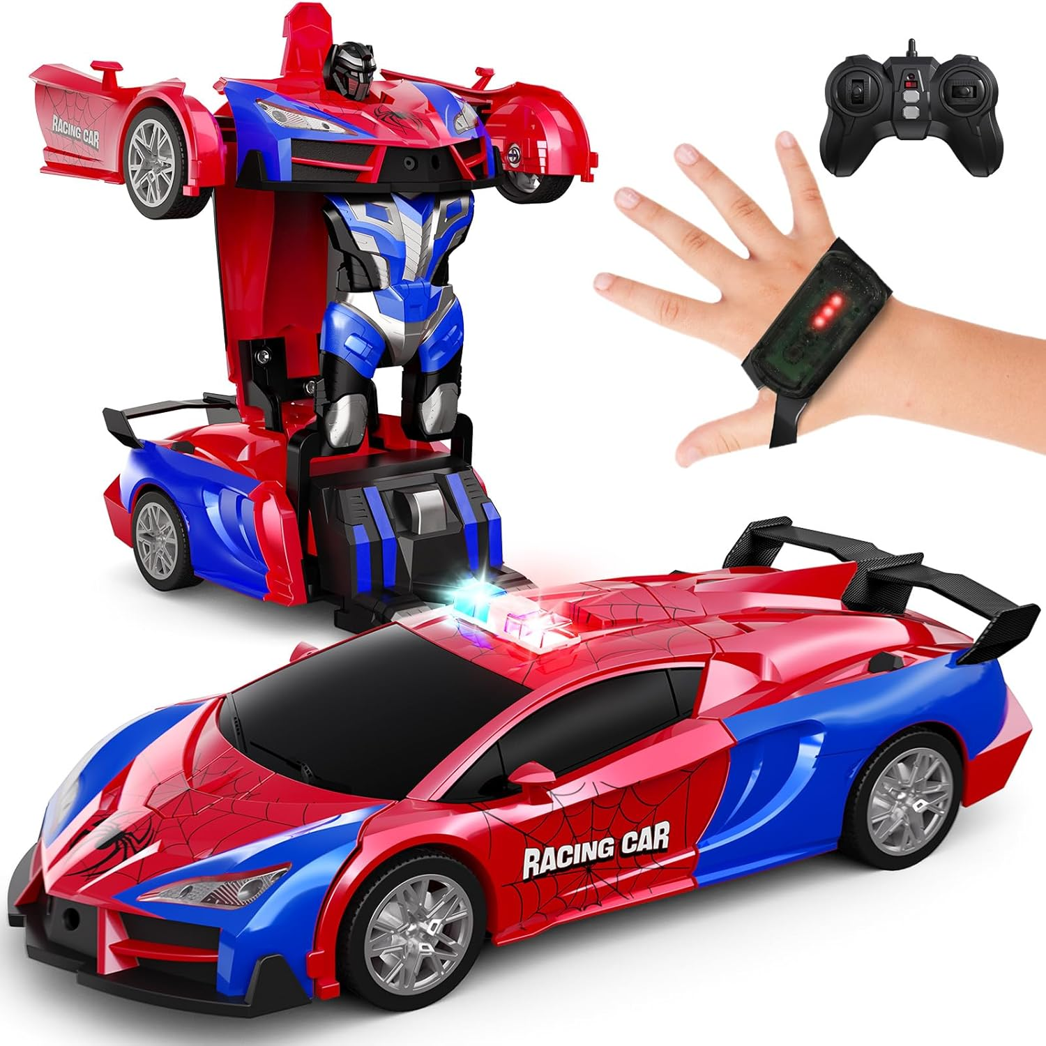 Tecnock Remote Control Car - Gesture Sensing, Transform Robot RC Cars, 2.4Ghz One Button Transformation Robot Toy with LED Lights