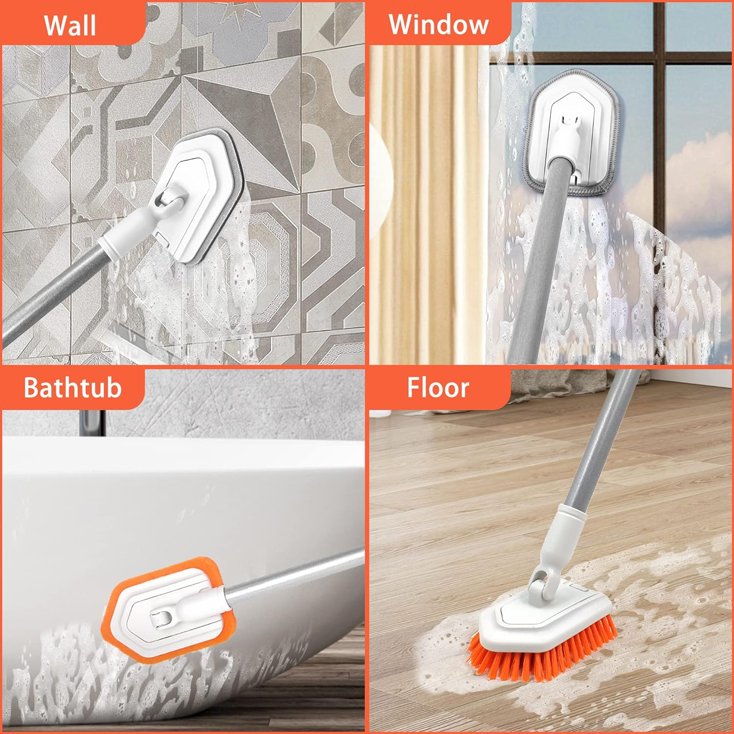 JEHONN 4-In-1 Tile Tub Scrubber with Long Handle, Upgraded Shower Cleaning Brush, 4 Different Function Scrub Brush Attachments Head for Bathroom, Bathtub, Floor, Wall, Baseboard image number 1