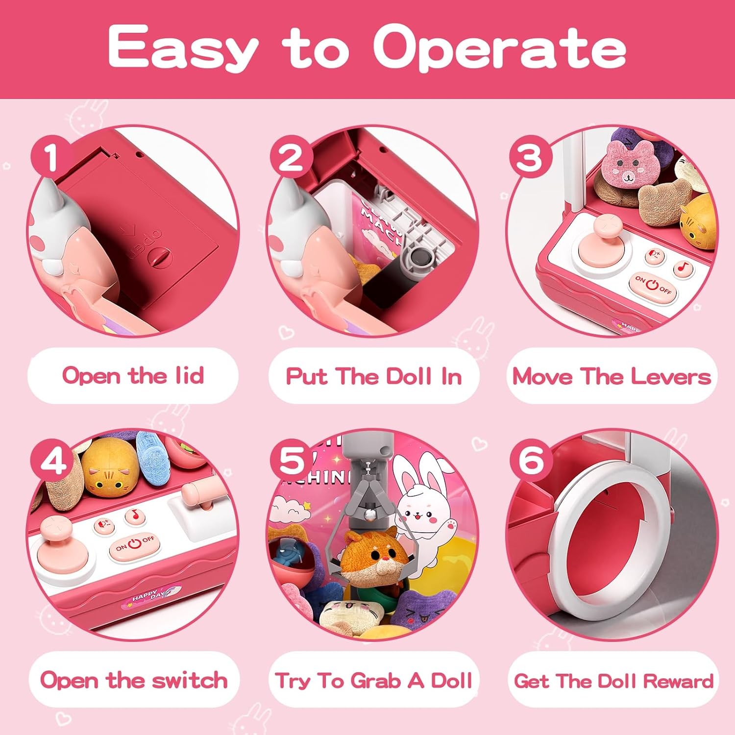 Kids Claw Machine, Mini Candy Vending Grabber, Prize Dispenser Toys for Girls and Boys, Electronic Claw Game Machine for Party Birthdays with Lights Sound, Includes 10 Plush and 10 Mini Toys image number 5