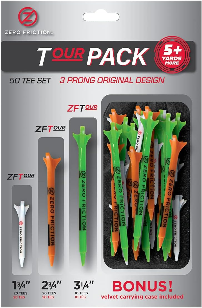 Zero Friction Golf Tee Variety Pack, 50 Tee Set, Includes Bonus Velvet Carrying Pouch image number 1