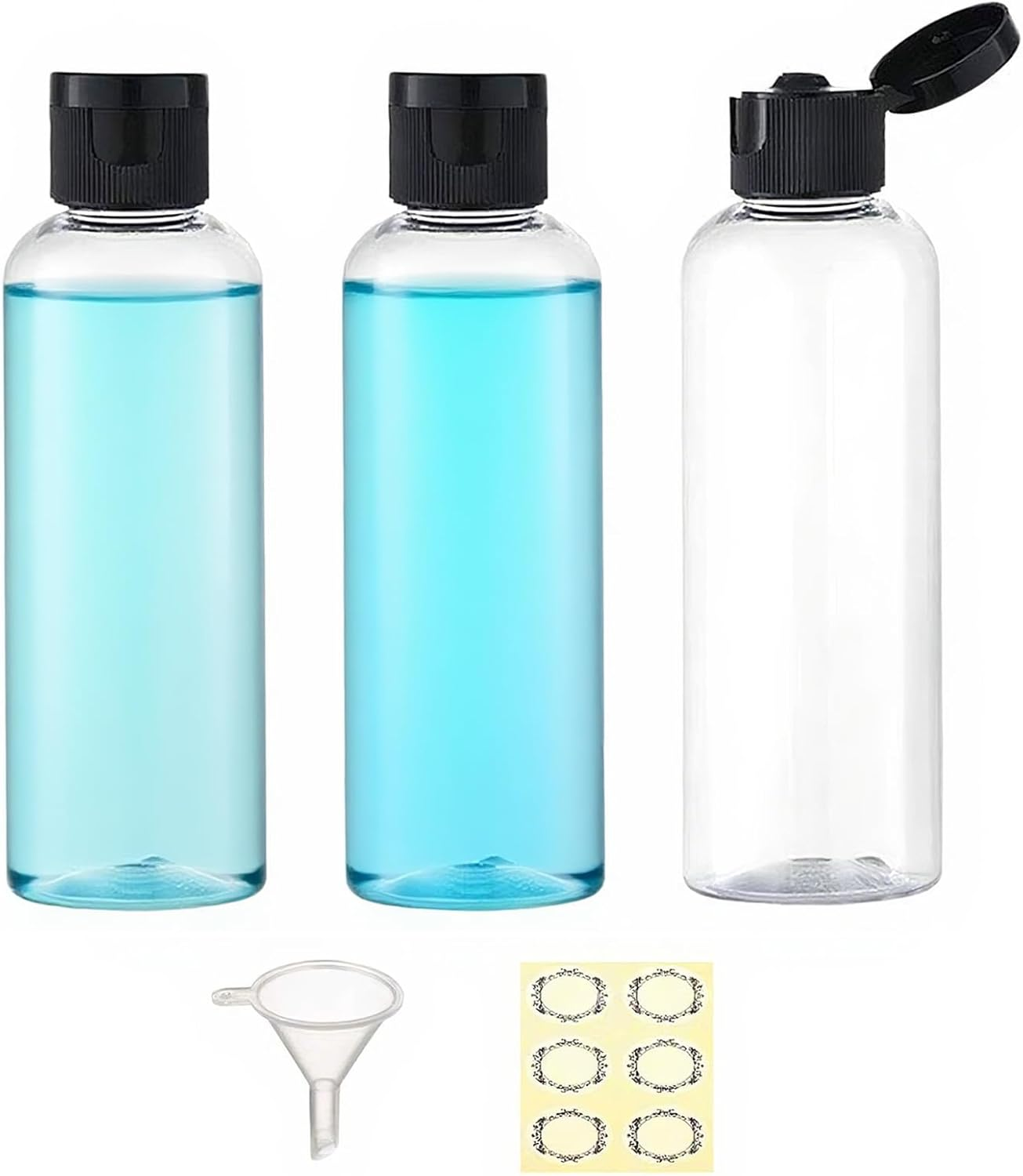 3PCS 200ML Plastic Bottles with Disc Top Flip Cap Empty Squeeze Bottles Clear Refillable Travel Container Dispensing with Funnel & Label for Liquids Lotion Shampoo Toiletries Cosmetic