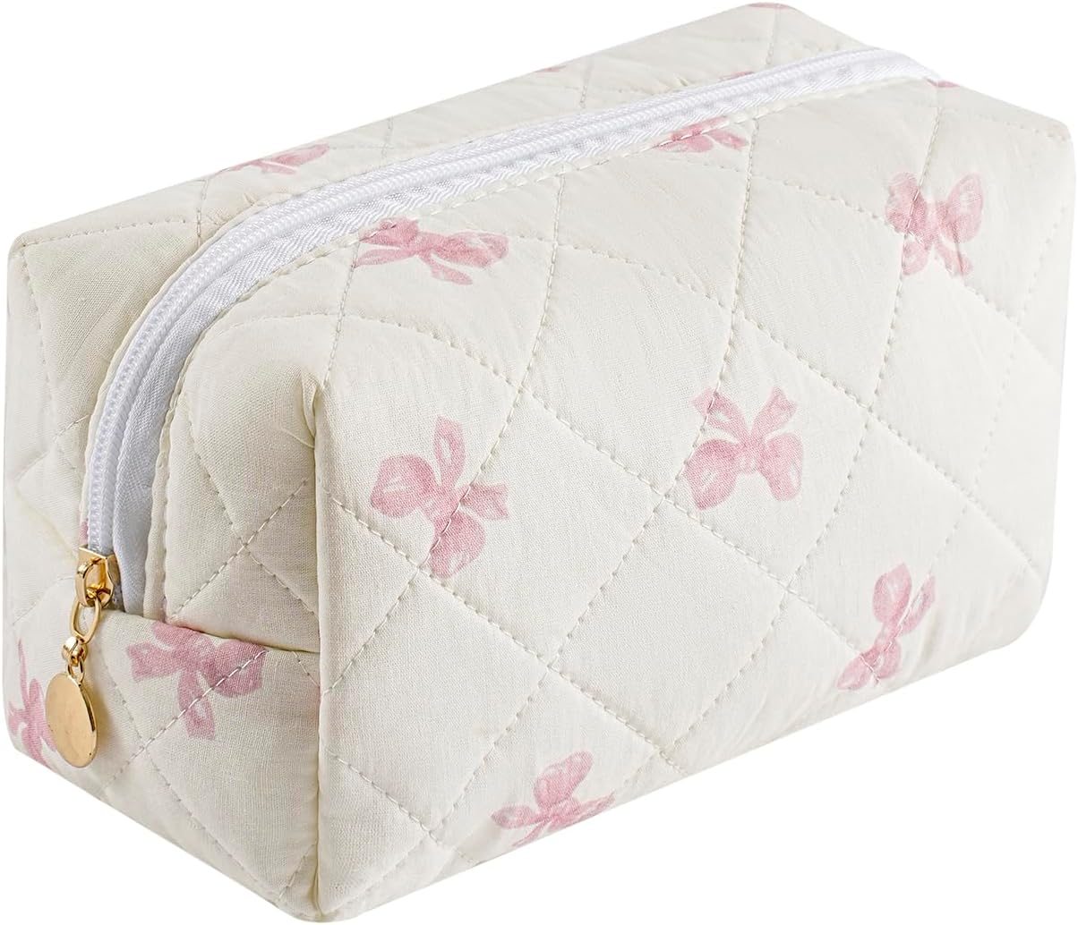 Gleyemor Small Quilted Makeup Bag for Women, Cute Floral Bow Cosmetic Bag, Emergency Bag Travel Toiletry Cotton Pouch Gifts for Girls Her Mom Friend Sister Bridesmaid, Purple Floral