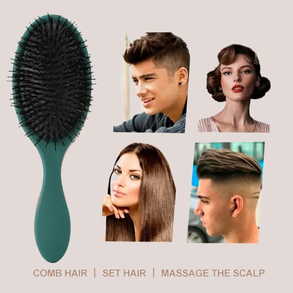 Hair Brush, Boar Bristle Detangling Brush for All Hair Types, Air Cushion Scalp Massage Pain-Free Styling Comb for Women Girls (Green) - Green image number 5