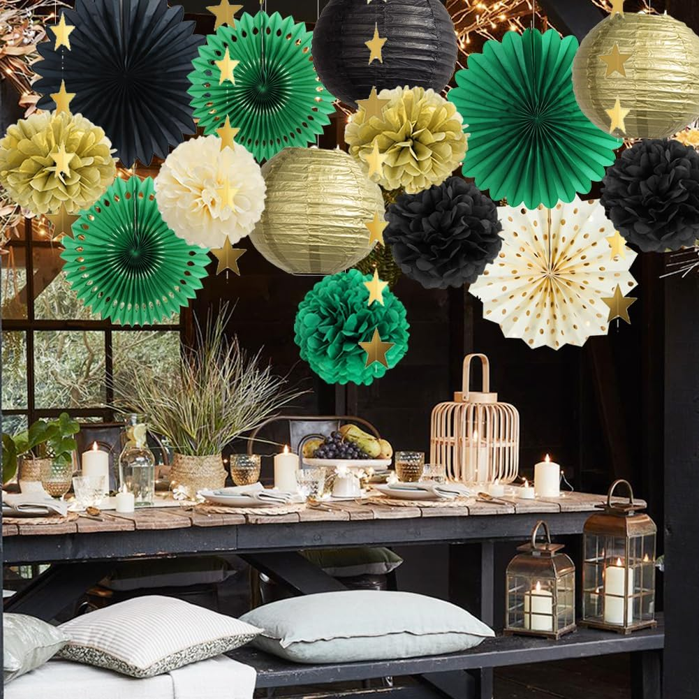 Green Black and Gold Party Decorations Paper Lanterns Black and Gold Tissue Paper Pom Poms Dark Green Black Gold Party Decorations for Fall Birthday Party Birthday Wedding Engagement image number 5
