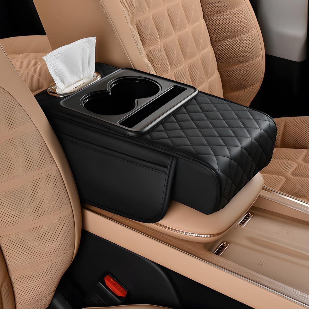 Universal Armrest Cushion Pad, Leather Armrest Box Pad - With Cup Holder, Brown image number 2